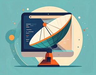 Graphic of a monitor displaying code with a satellite dish
