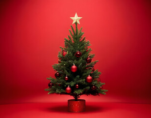 christmas tree on red background with copy text space, Stylish festive image of a Christmas tree cutout with a bright red backdrop capturing the holiday spirit
