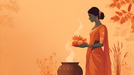 Graceful Woman Carrying Fruit Tray Standing Near Steaming Clay Pot Traditional Indian Harvest Festival Celebration Background Style