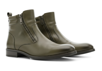Olive green leather ankle boots with zipper closure isolated on transparent background