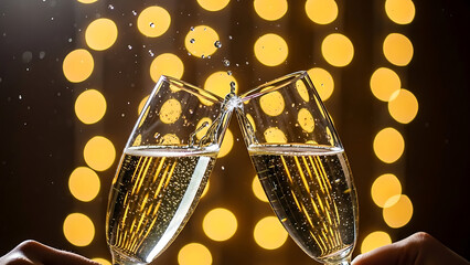 Two champagne flutes clinking together in a toast, with sparkling liquid and a background of blurred golden lights.