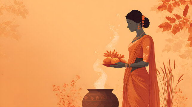 Graceful Woman Carrying Fruit Tray Standing Near Steaming Clay Pot Traditional Indian Harvest Festival Celebration Background Style