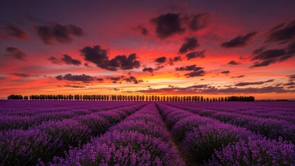Obraz premium Purple lavender field with colorful sunset sky