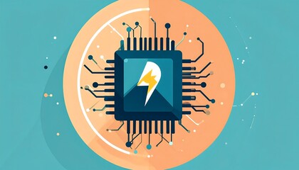 Geometric microchip design. Wires extend. Lighting bolt inside. Set against soft blue, orange, and white