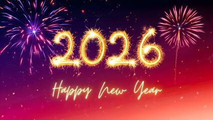 Happy New Year 2026 fireworks celebration greeting card at night
