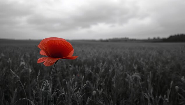 Bright Red Poppy in a Gray Field Under an Overcast Sky in the Countryside