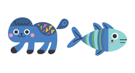 Whimsical Cat and Fish Characters with Geometric Decorations