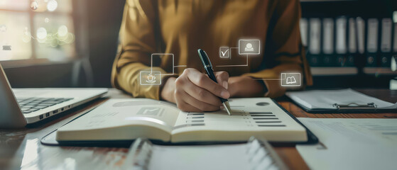 A person writing on paper with floating digital checklist icons, representing task management, workflow organization and modern documentation processes in a tech-driven workspace.