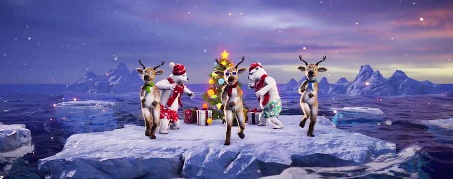 Christmas Party: Funny reindeers and polar bears dance on an ice floe among icebergs at the North Pole. Animated 3D video for holiday events, greeting cards, and winter-themed content.
