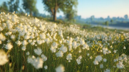 Fototapeta premium Flowers bloom in a field during morning light