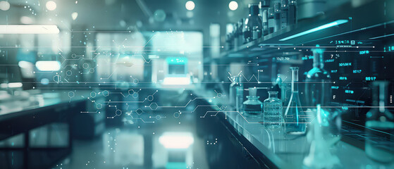Futuristic laboratory scene with glass bottles, neon lighting and digital interface overlays, creating a modern scientific atmosphere with technology, research and innovation elements.