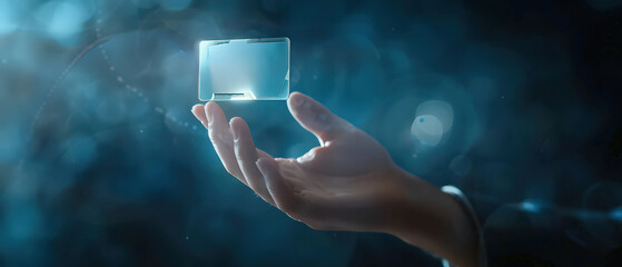 A transparent digital payment card floats above an open hand with glowing data lines and futuristic light effects, symbolizing finance technology, online transactions and secure modern banking.