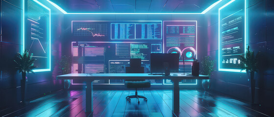 Modern neon workspace with holographic data screens, glowing analytics panels and digital interfaces. Futuristic tech environment with vibrant lighting and advanced information displays.