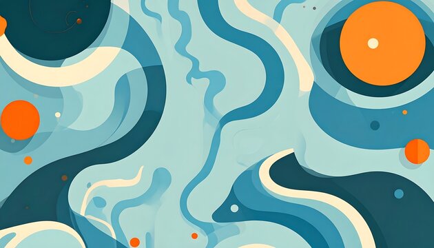 Fluid forms in layered blues, beige, and orange evoke an oceanic abstract with swirling shapes and subtle depth - Powered by Adobe