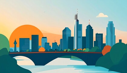 Flat city skyline at sunset viewed over bridge and river, silhouette buildings, bright colors