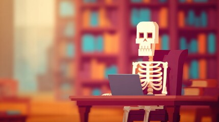 Skeleton sits at desk working on laptop in a library setting with books around