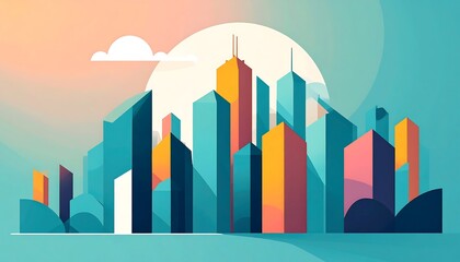 Flat cityscape with colorful buildings under a sun, set against soft blue and orange background with cloud detail