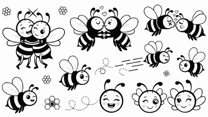 Obraz premium Cute cartoon bees in various poses and expressions.