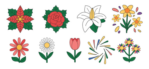 Colorful Flower Icon Set with Seasonal and Decorative Blooms