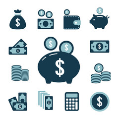 Financial Icon Set with Money, Coins, Wallets, and Piggy Banks