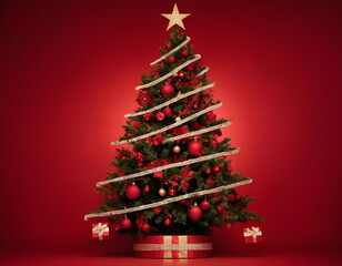 christmas tree on red background with copy text space, Stylish festive image of a Christmas tree cutout with a bright red backdrop capturing the holiday spirit