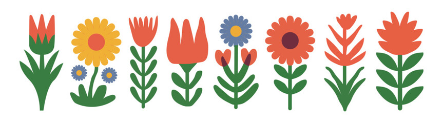 Stylized Colorful Flower Row with Green Stems and Leaves