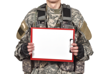 A man in an American soldier uniform holds a red clipboard with a blank sheet of paper