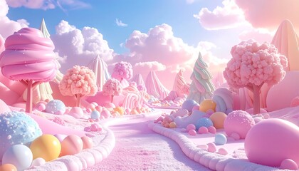 A whimsical fantasy candy land with pink cotton candy trees and a winding road made of sweets in soft pastel colors