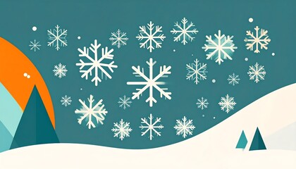 Geometric winter scene with teal sky, stylized mountains, and white snowflakes falling over snow