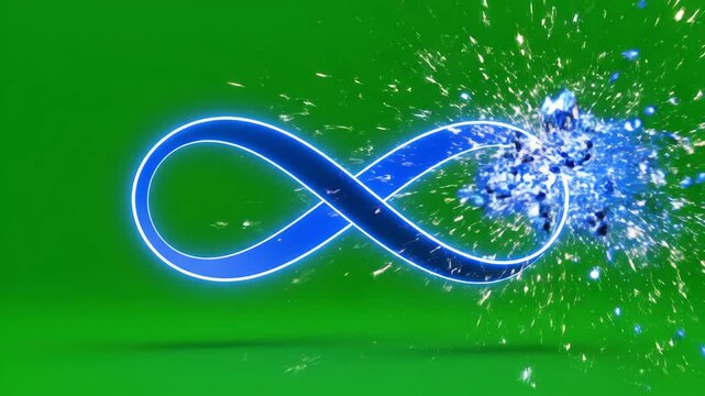Green Screen Blue Neon Infinity Symbol Exploding with Particles 3D Render
