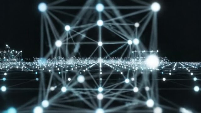 Abstract digital network grid with connected nodes and lines.