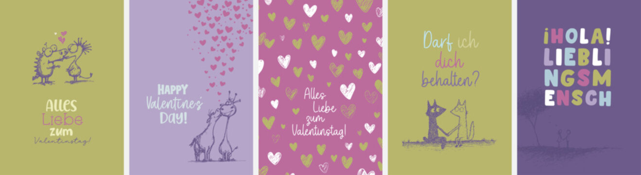 5 moderne und s&uuml;&szlig;e Gru&szlig;karten zu Valentinstag in deutscher und englischer Sprache sowie im Din Format. Moderne perfekte Typo + harmonische Farben + Motive & Hintergr&uuml;nde selektierbar und verwendbar