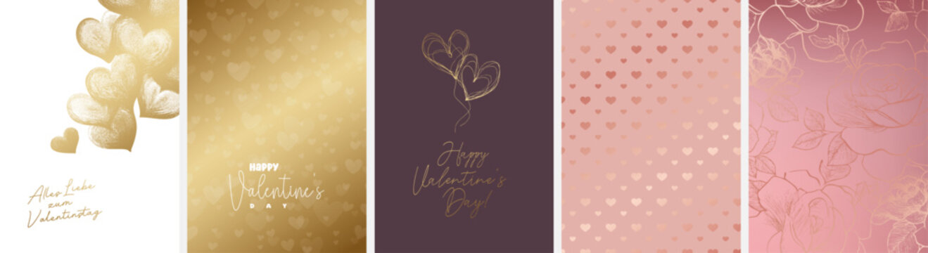 5 moderne und s&uuml;&szlig;e Gru&szlig;karten zu Valentinstag in deutscher und englischer Sprache sowie im Din Format. Moderne perfekte Typo + harmonische Farben + Motive & Hintergr&uuml;nde selektierbar und verwendbar