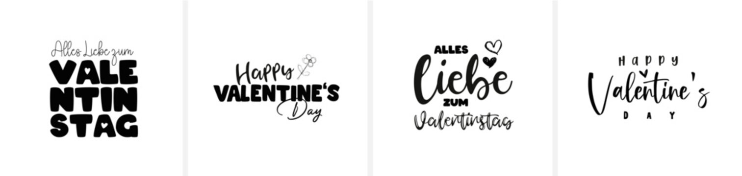 Moderne minimalistische Sch&ouml;nschrift-Kalligrafie mit den Schriftz&uuml;gen &bdquo;Happy Valentine&rsquo;s Day&ldquo; und &bdquo;Alles Liebe zum Valentinstag&ldquo;. Eleganter, zeitloser Vektor-Schriftzug f&uuml;r Karten, Print und Design.