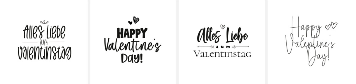 Moderne minimalistische Sch&ouml;nschrift-Kalligrafie mit den Schriftz&uuml;gen &bdquo;Happy Valentine&rsquo;s Day&ldquo; und &bdquo;Alles Liebe zum Valentinstag&ldquo;. Eleganter, zeitloser Vektor-Schriftzug f&uuml;r Karten, Print und Design.