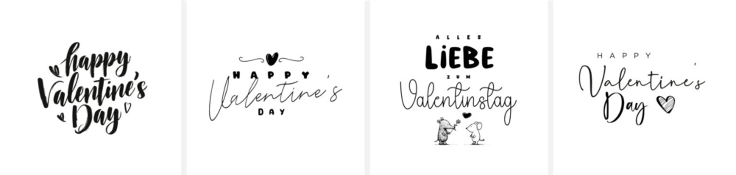 Moderne minimalistische Sch&ouml;nschrift-Kalligrafie mit den Schriftz&uuml;gen &bdquo;Happy Valentine&rsquo;s Day&ldquo; und &bdquo;Alles Liebe zum Valentinstag&ldquo;. Eleganter, zeitloser Vektor-Schriftzug f&uuml;r Karten, Print und Design.