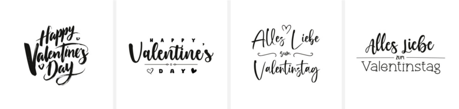 Moderne minimalistische Sch&ouml;nschrift-Kalligrafie mit den Schriftz&uuml;gen &bdquo;Happy Valentine&rsquo;s Day&ldquo; und &bdquo;Alles Liebe zum Valentinstag&ldquo;. Eleganter, zeitloser Vektor-Schriftzug f&uuml;r Karten, Print und Design.