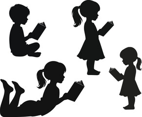 Four Black Silhouette Illustrations of Children Reading Books on a White Background