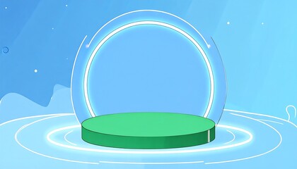 Green podium with neon halo and concentric circles on blue gradient background