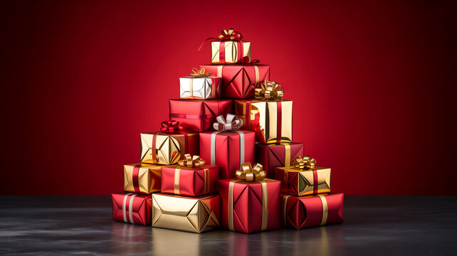 A professional product photography shot of a pyramid-shaped stack of luxury Christmas gifts against a deep red gradient background.