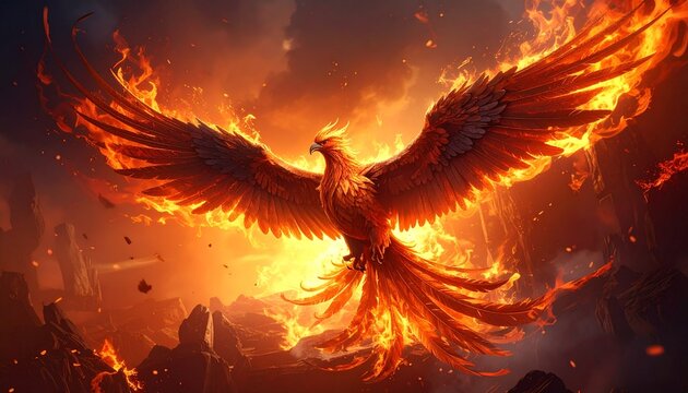   
Fiery phoenix soaring through smoke and embers, wings ablaze in dramatic sky of transformation.