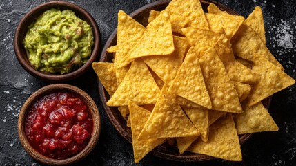 Golden nachos with fresh salsa and guacamole in wooden bowls 