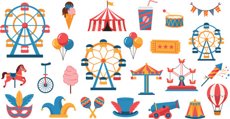Colorful Amusement Park Carnival Icons Collection With Ferris Wheel Rides And Festival Elements Isolated On White Background Flat Vector Illustration