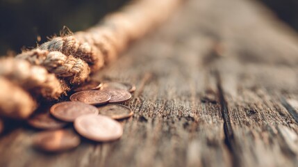 Coins scattered on wooden surface near rope during outdoor setting
