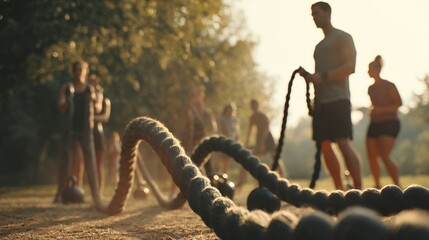 group of friends doing bootcamp workout outdoors in park