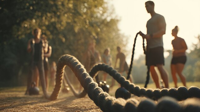 group of friends doing bootcamp workout outdoors in park