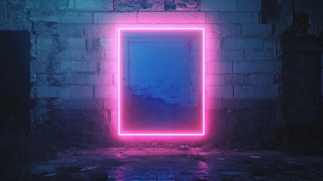 Neon-lit rectangular frame glowing on a weathered brick wall. A portal-like design concept