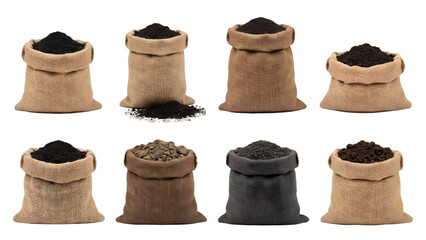 Collection of eight burlap sacks filled with various types of soil and coal, arranged in two rows against transparent background