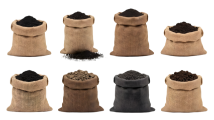 Collection of eight burlap sacks filled with various types of soil and coal, arranged in two rows against transparent background
