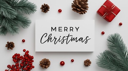 Minimalistic white background with card featuring Merry Christmas in cursive font, surrounded by pine cones, red berries, green branches and gifts